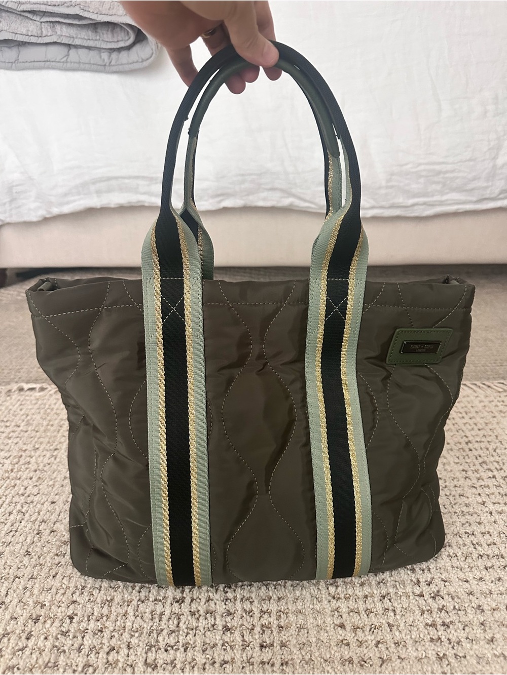 Quilted Olive Tote with Striped Webbing Handles